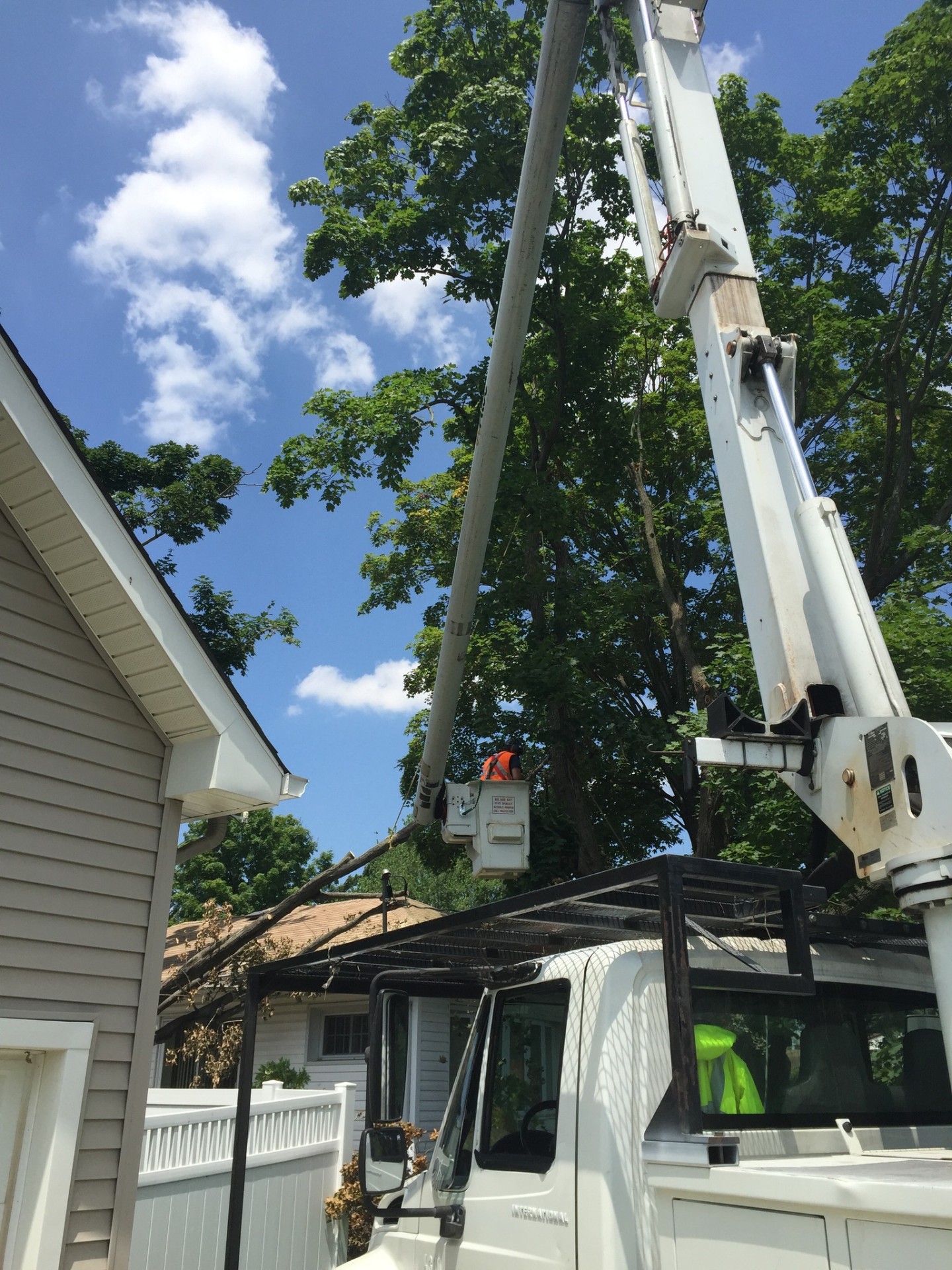Bucket truck operator trimming branches near roof